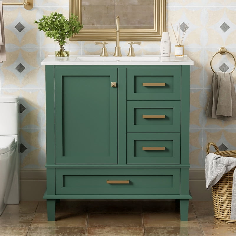 30" bathroom vanity with sink, Bathroom Vanities 30 Inch with Top, Single Sink Bathroom Vanity with 3 Drawers and 1 Soft Closing Door, 30 Restroom Vanity with Cuntertop Sink (Green)