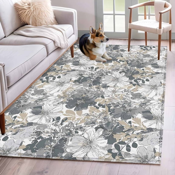 Rectangle Area Rugs 4 x 6 Ft, Spring Botanical Non-Slip Residential Carpet, Country Floral Leaves Gray Brown Indoor Crawling Mats Runner Rugs for Living Room/Dining Room/Bedroom