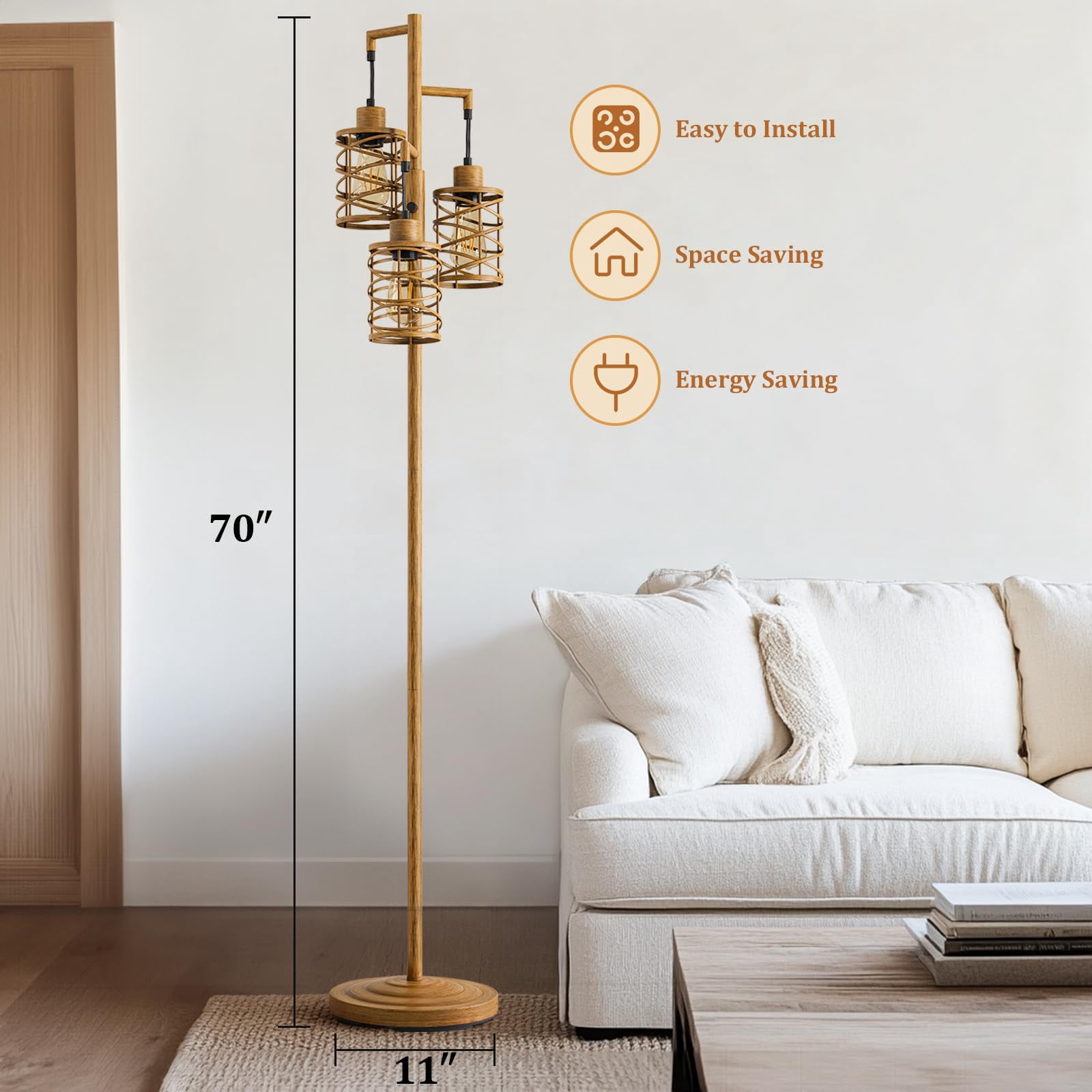 70" Industrial Floor Lamp with Stepless Dimming, 3 Teal Glass Bulbs Included for Living Room