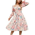 thumbnail image 2 of Njoeus Women's Chiffon Wide Neck Floral Print Flowy Midi Dress Casual Tie Waist Long Sleeve Smocked Long Dresses, 2 of 9