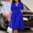 thumbnail image 2 of AURA Plus Size Suit Collar Swing Midi Dress Short Sleeve High Waist Belted Solid Color Summer, 2 of 10