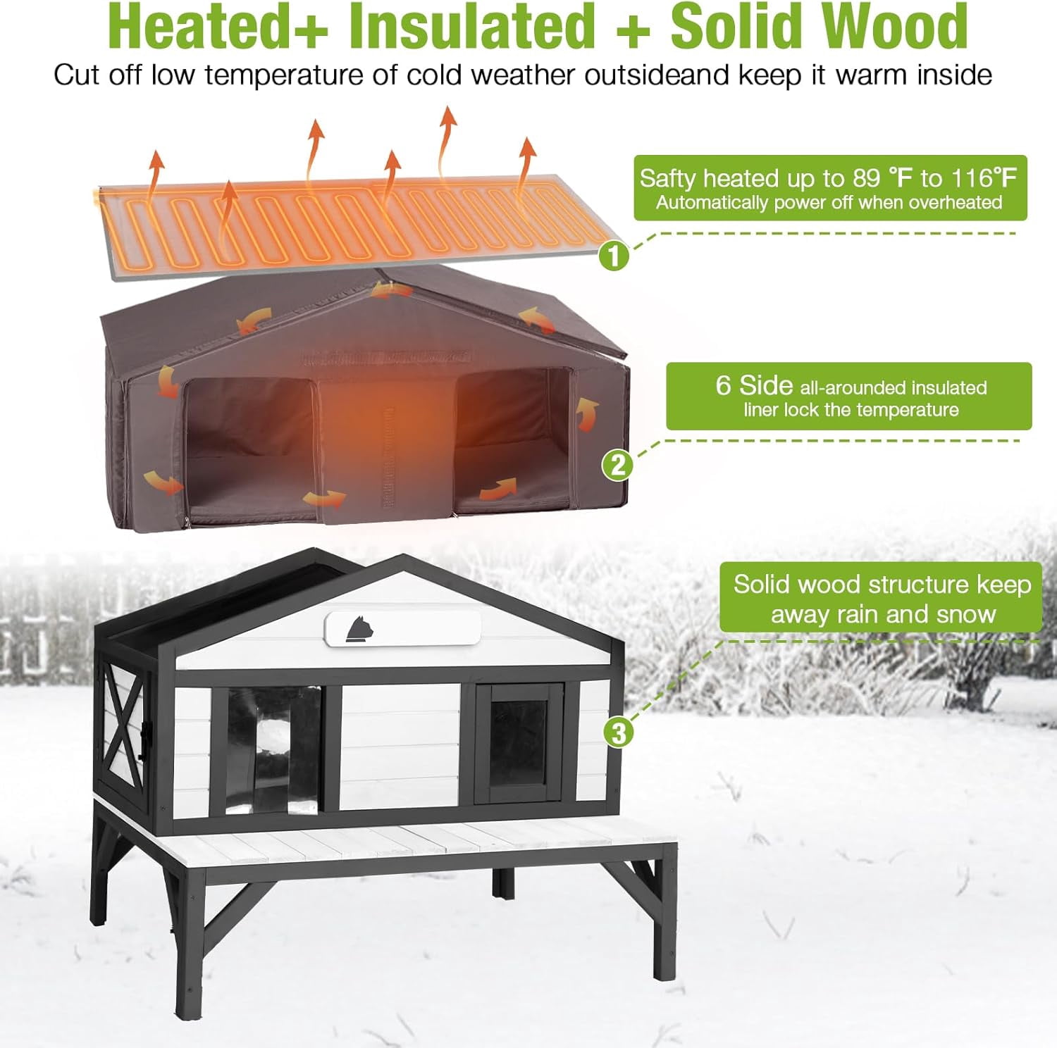 Aivituvin Heated Outdoor Cat House for Outside Weatherproof Insulated Feral Cat Shelter for Winter with Heater and Thermal Liner, Four Escape Doors and Anti-Chewing Cable for Multiple Cats, 43.5" L