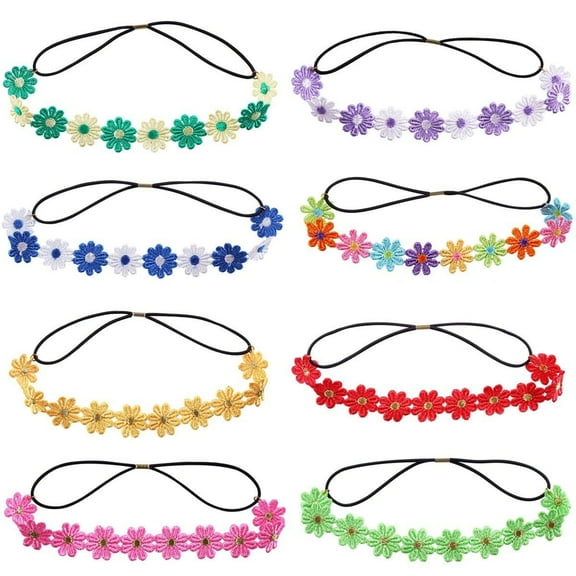 8 Pcs Sunflower Headband Hippie,Sunflower Hair Wreath,Elastic Floral Headband,Fabric Floral Headpiece for Party Gift Travel Wedding Festivals(Random Color)