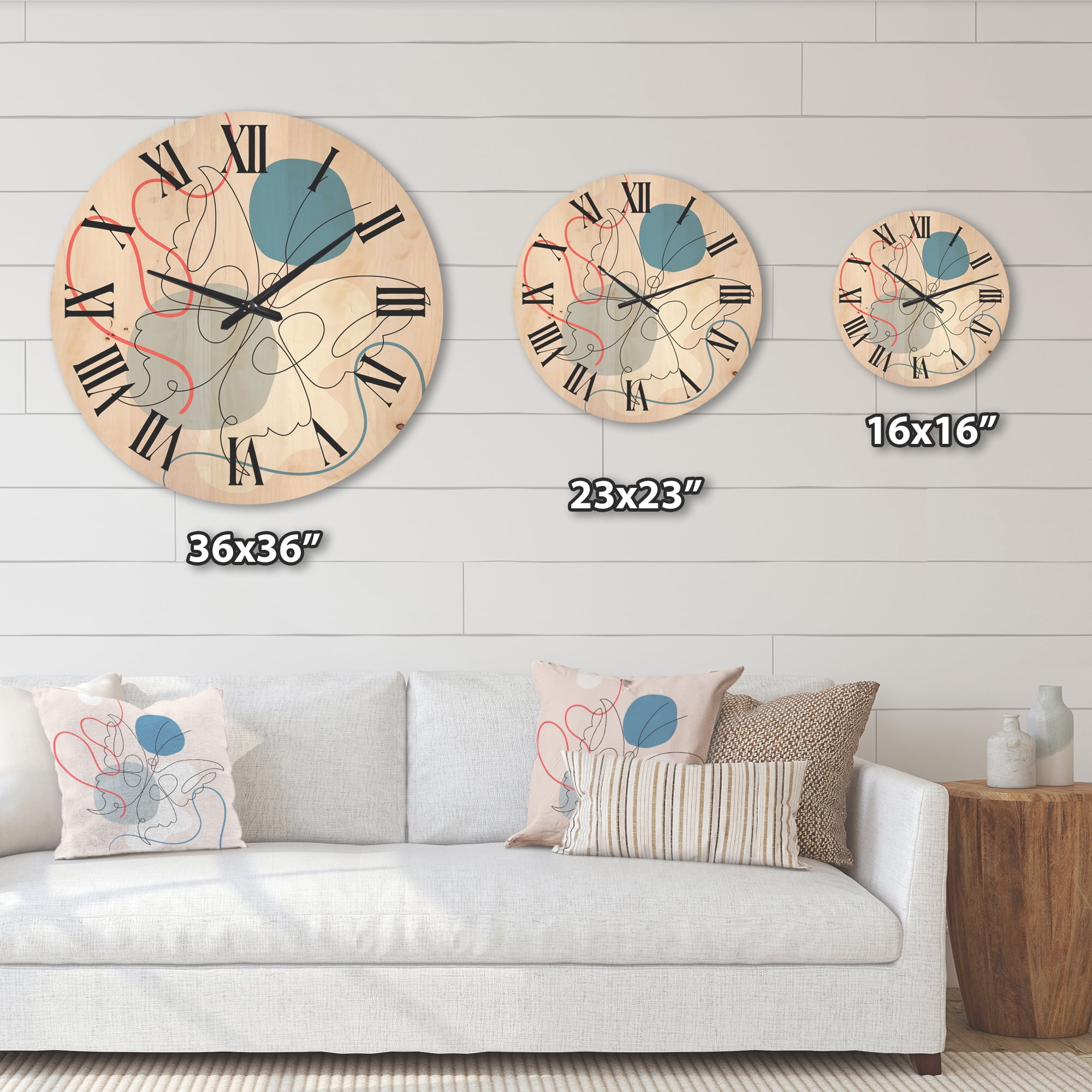 Designart 'Butterfly With One Line Drawing On Cubism Shapes I' Modern Wood Wall Clock