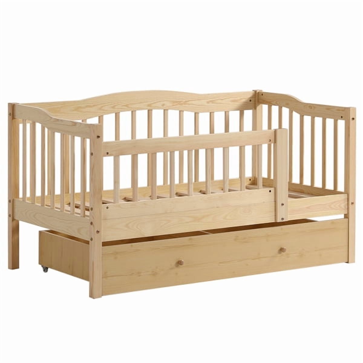 Pine Toddler Bed with Safety Side Rails & Bottom Drawer, Timeless Design for Nursery/Kid's Bedroom