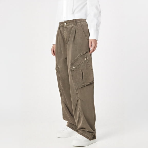 HOWPAY Cargo Jeans for Women Wide Leg High Waisted Denim Pants with Pockets Casual Boyfriend Vintage Streetwear Comfort Baggy Pants Brown L