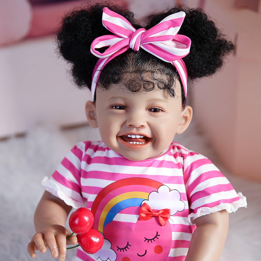 Nosadi 24" Reborn Baby Girl Dolls Black Skin Smile Face with Realisitc Silicone Limbs Filling with PP Cotton Birthday Gift for 3+ Years