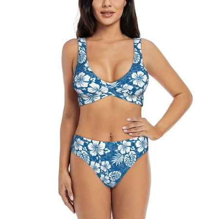 Zeuib Leaves And Flowers High Waisted Tummy Control Bikini Set - Knot Front Push Up Top & Cheeky Thong Bottom  Two-Piece Swimsuit for Women-Large
