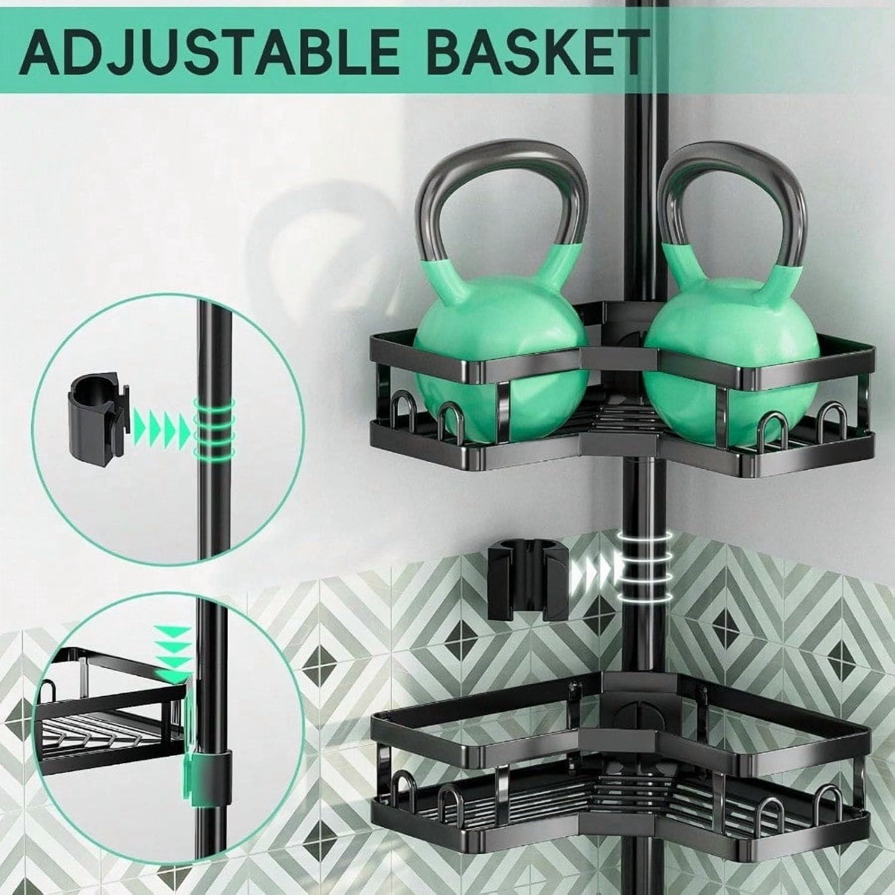Corner Shower Caddy Tension Pole Adjustable Shower Organizer Corner 62-115 Inch Rustproof Bathroom Storage Shower Shees Black