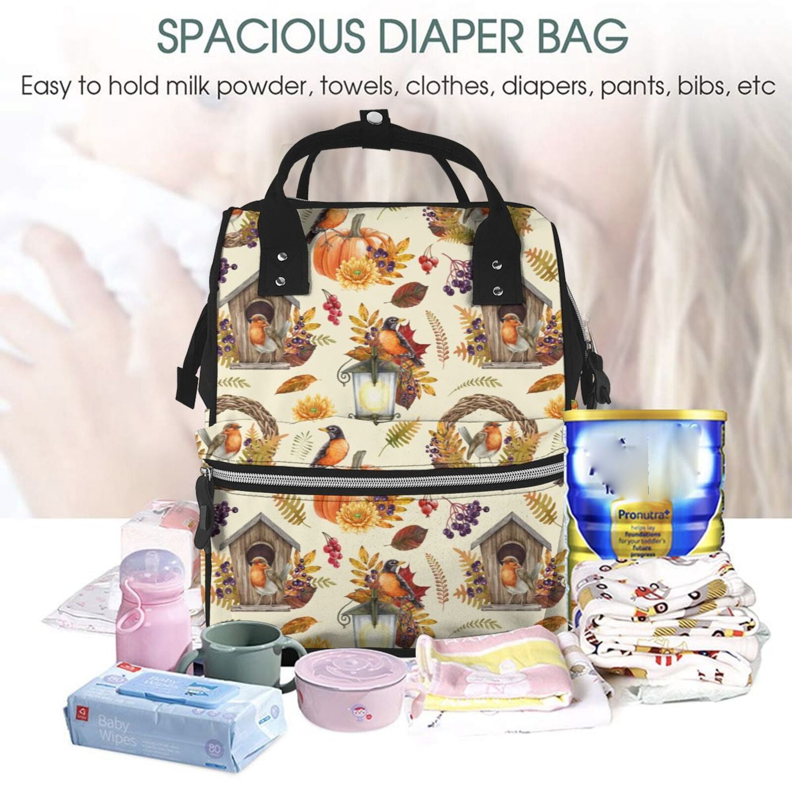 Fuzoiu Autumn Vintage Print Diaper Bag Backpack,Baby Essentials Travel Tote,Multi function Waterproof Diaper Bag, Travel Essentials Baby Bag - Unisex