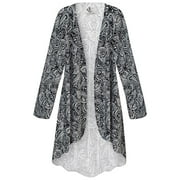 Women's Plus size 2x Extra Tall Cascading Cardigan Cascade Medallion Chintz Designer Print Slinky Casual Long Flowy Drape Mid-Weight Duster Sweater Made in USA