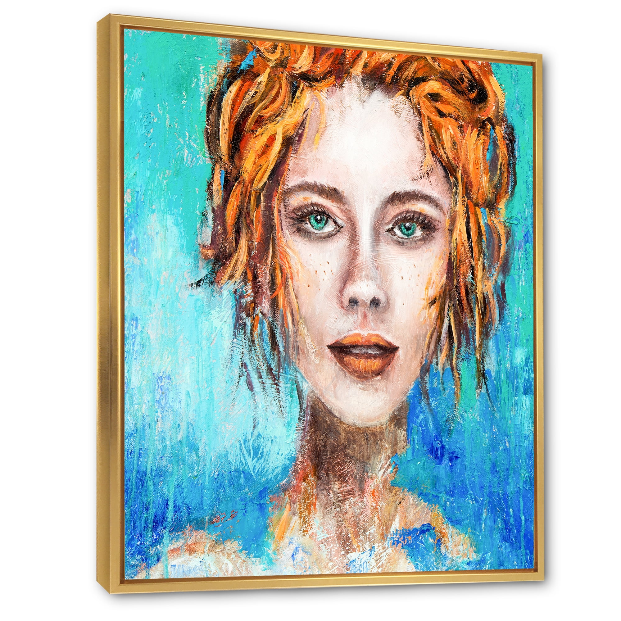 Designart 'A Woman Face With Red Hair And Green Eyes' Modern Framed Canvas Wall Art Print