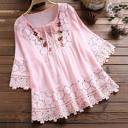 womens Tops for $5 Tops For Women Casual Spring Summer Women Vintage Lace  Patchwork Bow V-Neck Three Quarter Blouses Top T-Shirt 