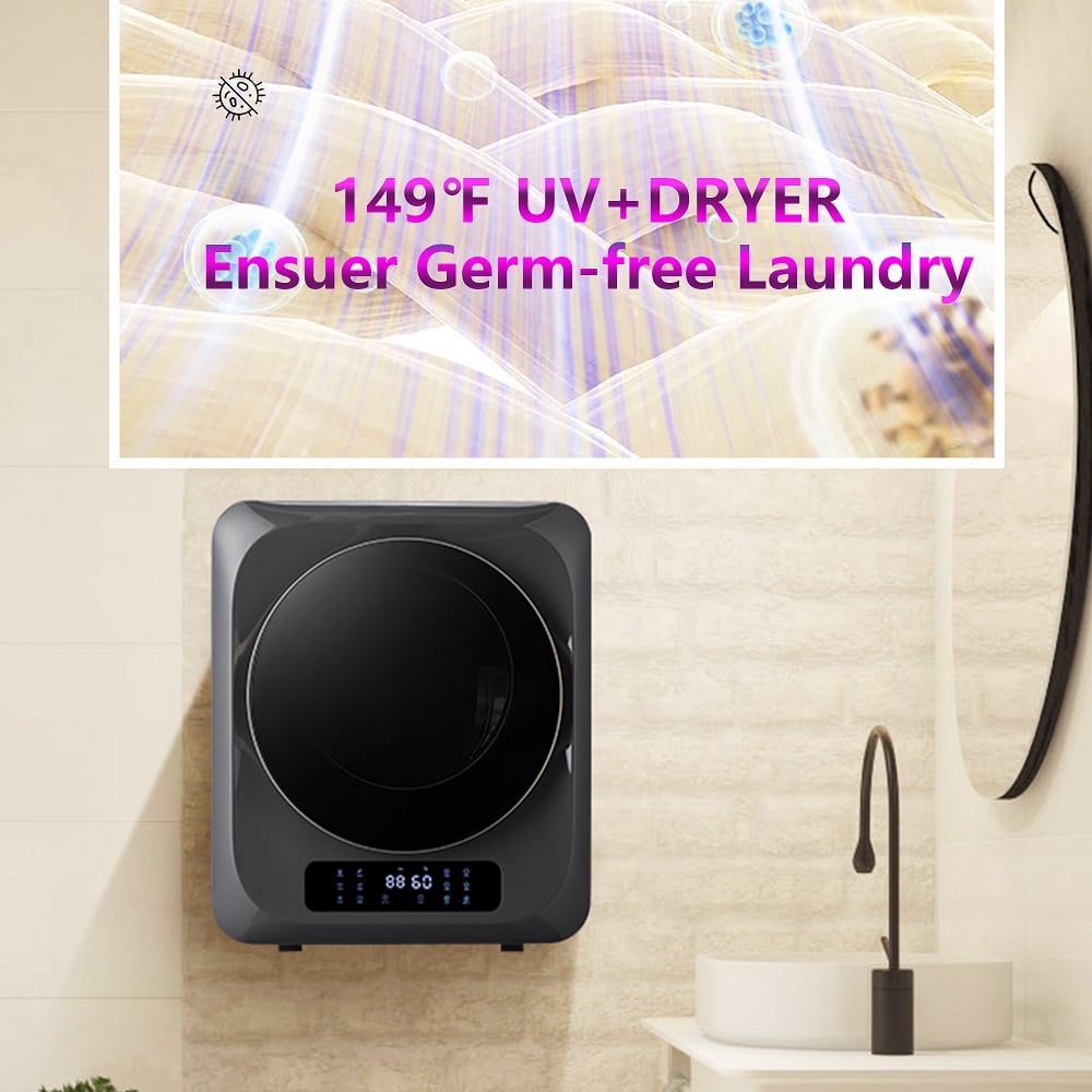 Portable Mini Cloth Dryer Machine FCC Certificate PTC Heating Tumble Dryer Electric Control Panel,Grey Body with Black Door,850W,for Home/Apartment/Dorms,UV Sterilizaiton,Digital Touch Panel