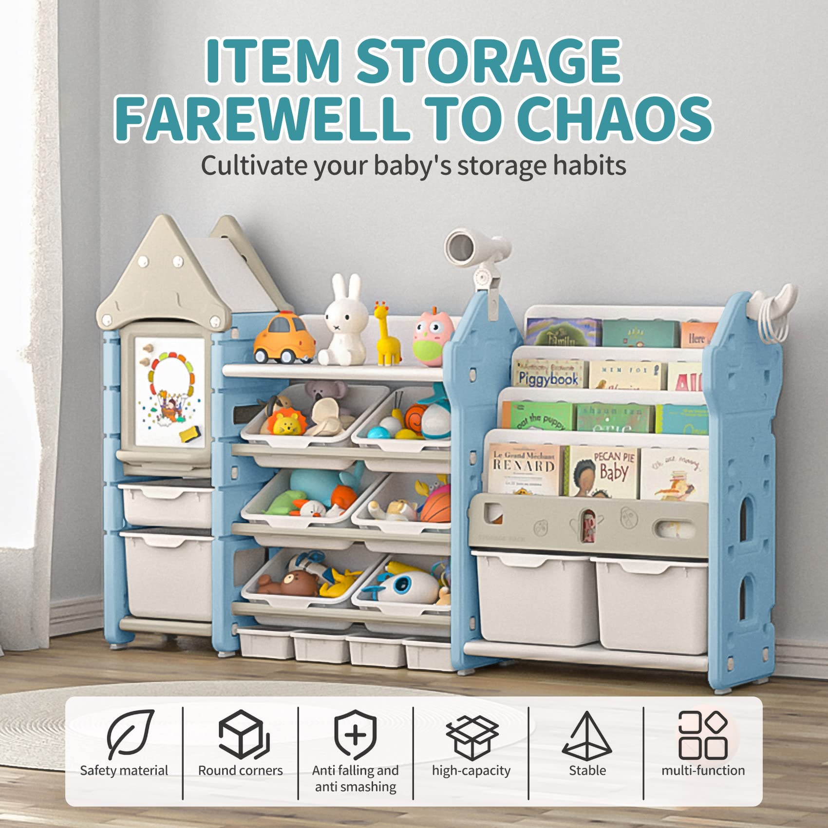 UNICOO® Kids Toy Storage Organizer and Children Bookshelf, with 14 Bins, Pull-Out Drawers Multipurpose Shelf for Toddlers to Organize Toys and Books (Magic Castle ? Blue)
