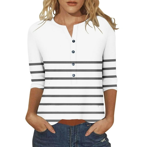 Womens Henley T-Shirts, 3/4 Sleeve Shirts for Women Fall Fashion Striped Printed Button Up Notch V Neck T Shirts Plus Size S-5XL