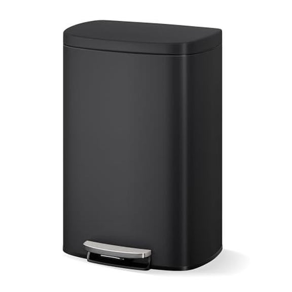 Black 13 Gallon Stainless Steel Step-On Trash Can, Soft Close Lid Rustproof Kitchen Garbage Bin with Inner Bucket