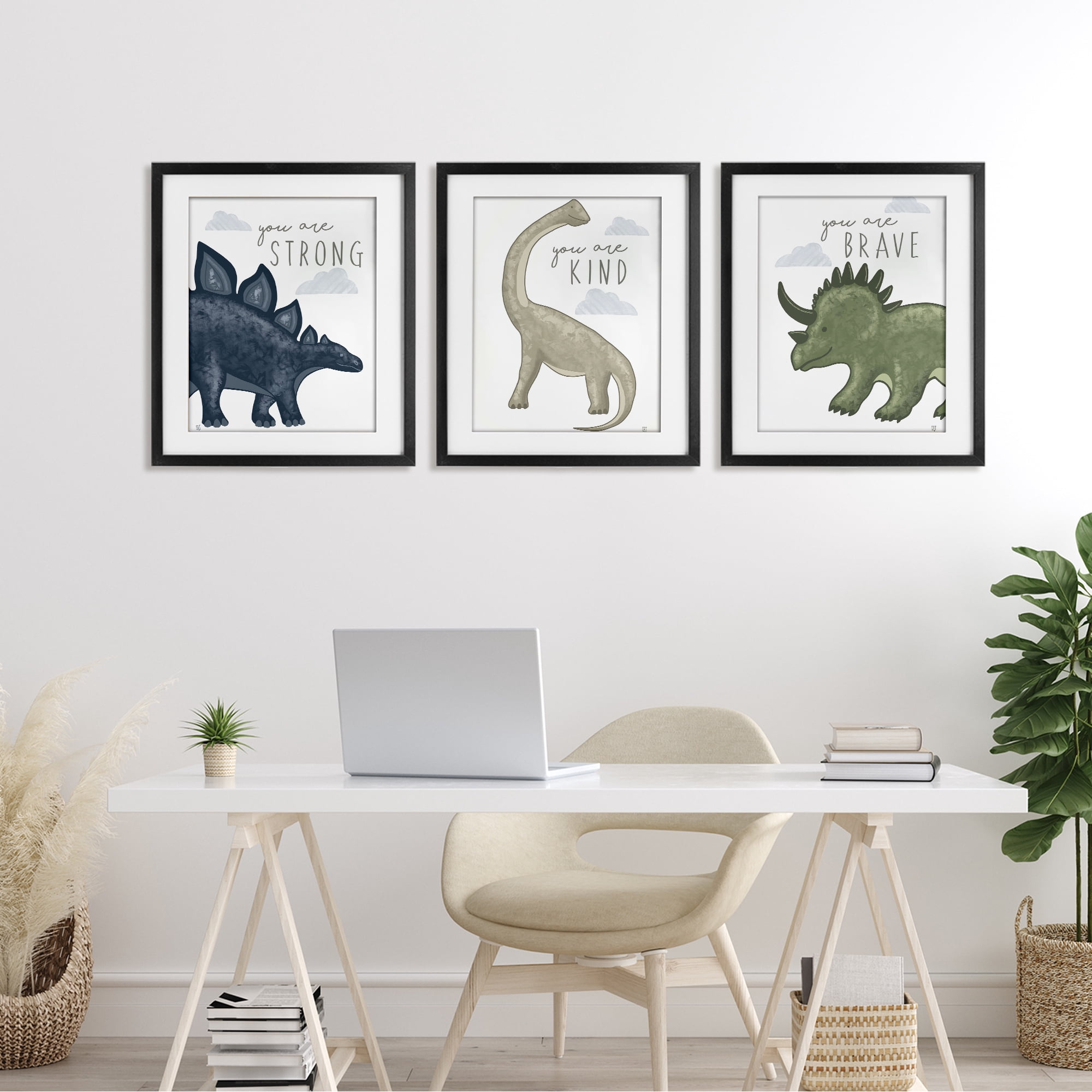 Stupell Industries Hopeful Encouraging Dinosaurs 3 Piece Black Framed Print Under Glass Set, design by Elizabeth Tyndall