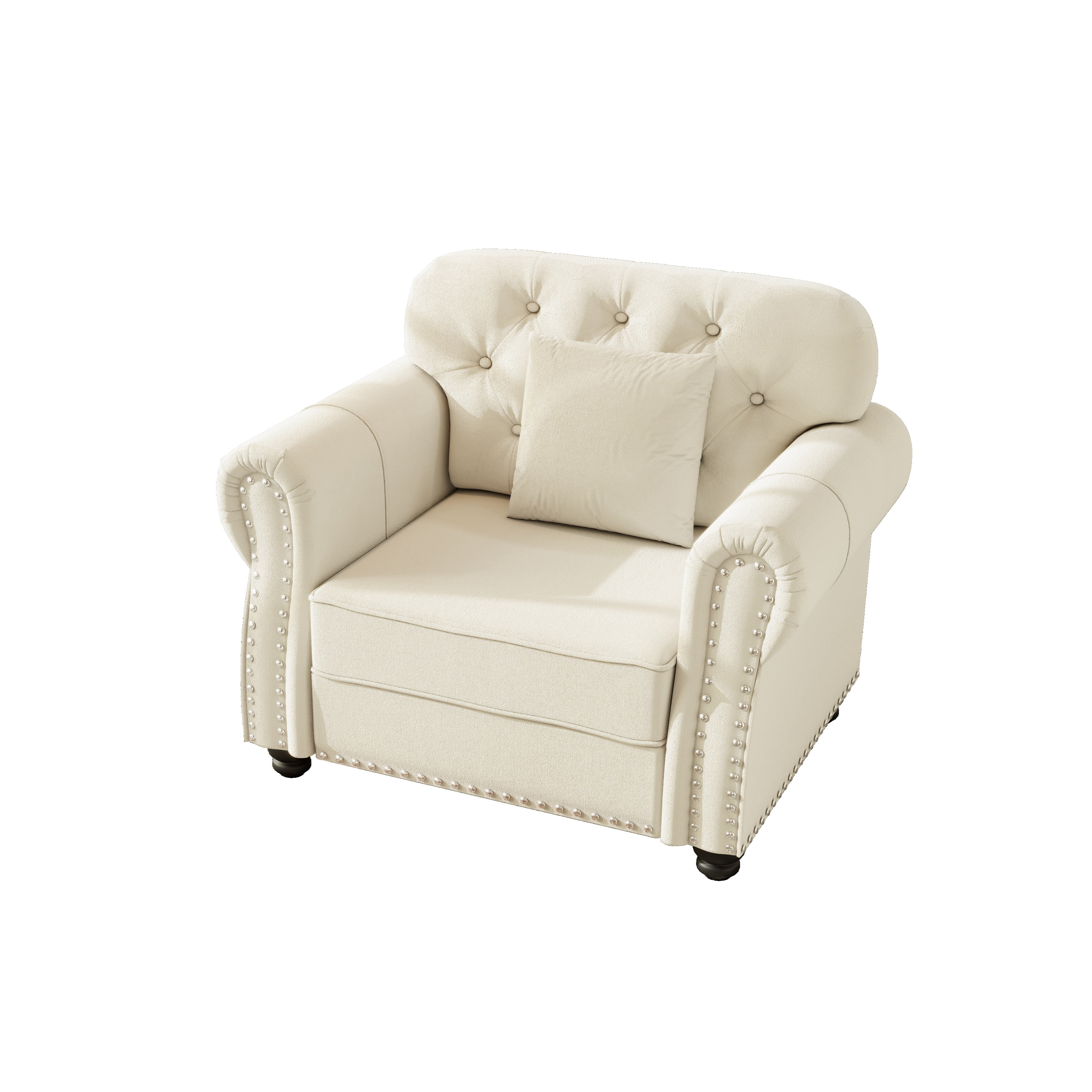 1PCS Upholstered Velvet Single Accent Sofa Chair with Nailhead Trim & Rolled Armrests, Mid-Century Modern Chesterfield Sofa with Pillow
