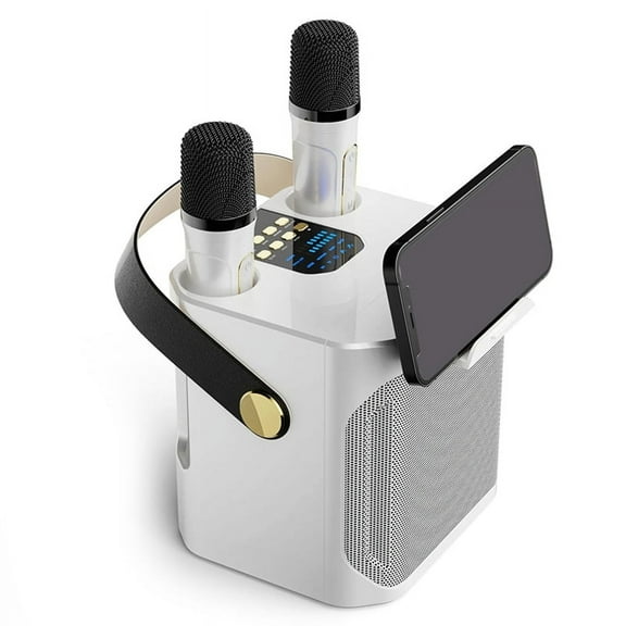 High Power Karaoke Bluetooth Speaker Portable 360 Stereo Surround Wireless Subwoofer with Dual Microphone White