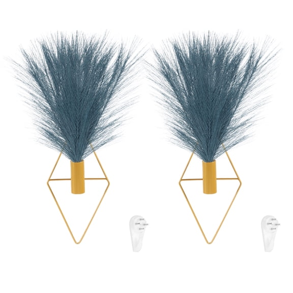 Uxcell 2 Pcs Wall Decor Metal Gold Wall Art Hanging Planters with Artificial Pampas, Wall-mounted Decor Metal for Display Artwork Plant Hanging Living Room Bedroom, Blue (Diamonds)