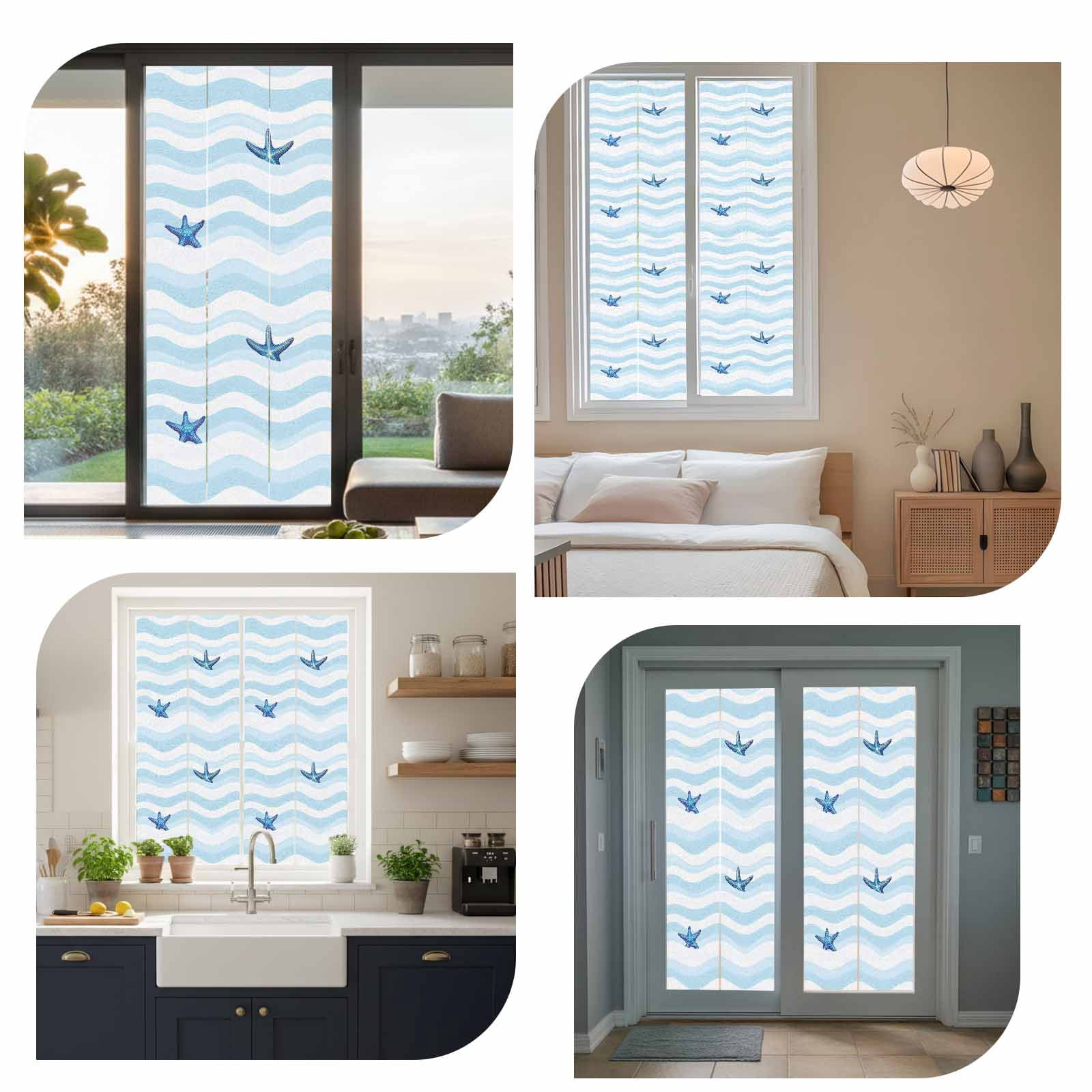 Abstract Ocean Waves Window Privacy Film, Nautical Starfish Blue White Stripes Frosted Glass Window Clings Static Cling UV Heat Blocking Reusable Door Sticker for Bathroom 23.6 x 59 Inch