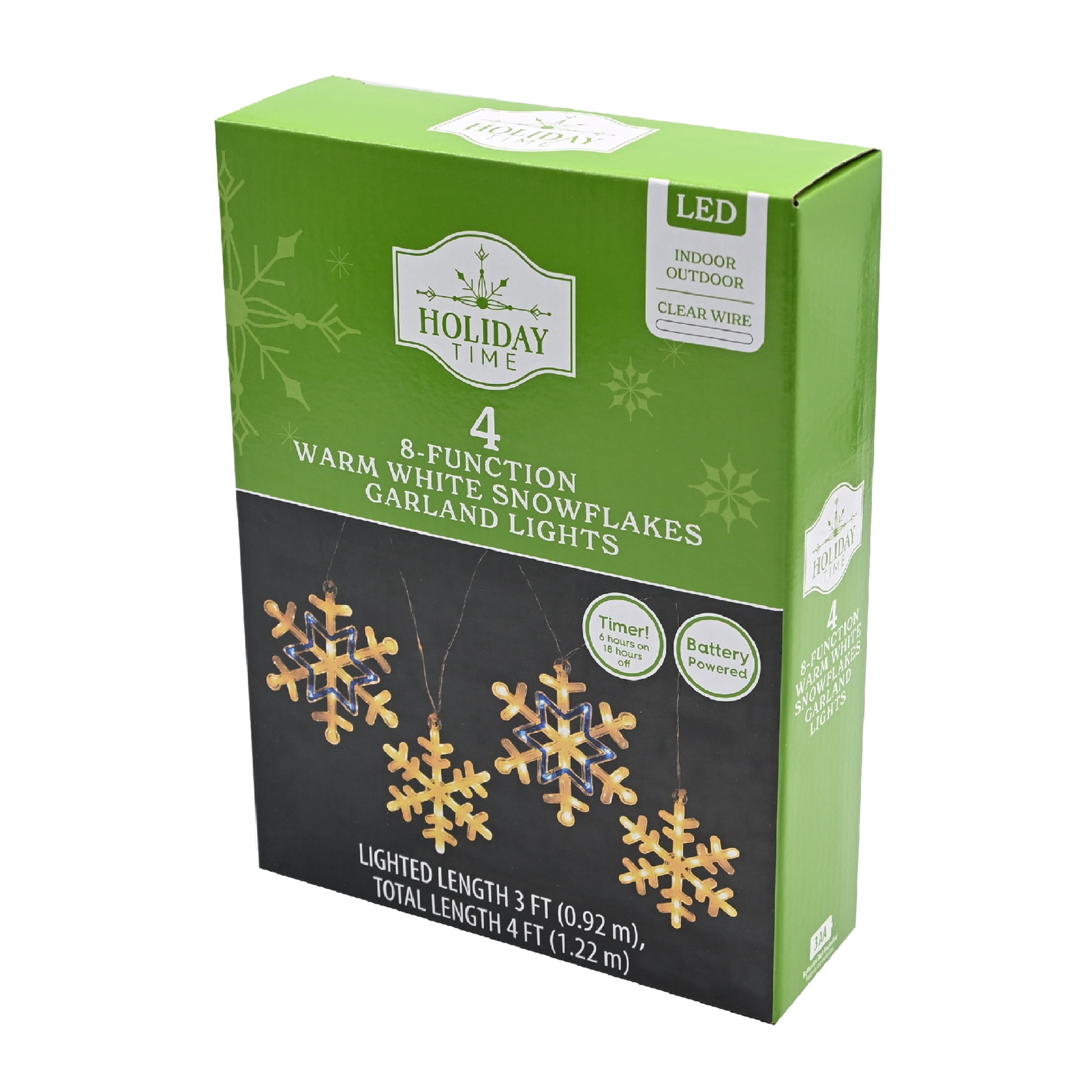 Indoor/Outdoor 4-Count Battery-Operated LED 8-Function Snowflake Christmas Garland Lights, Warm White, Clear Wire, 3', by Holiday Time