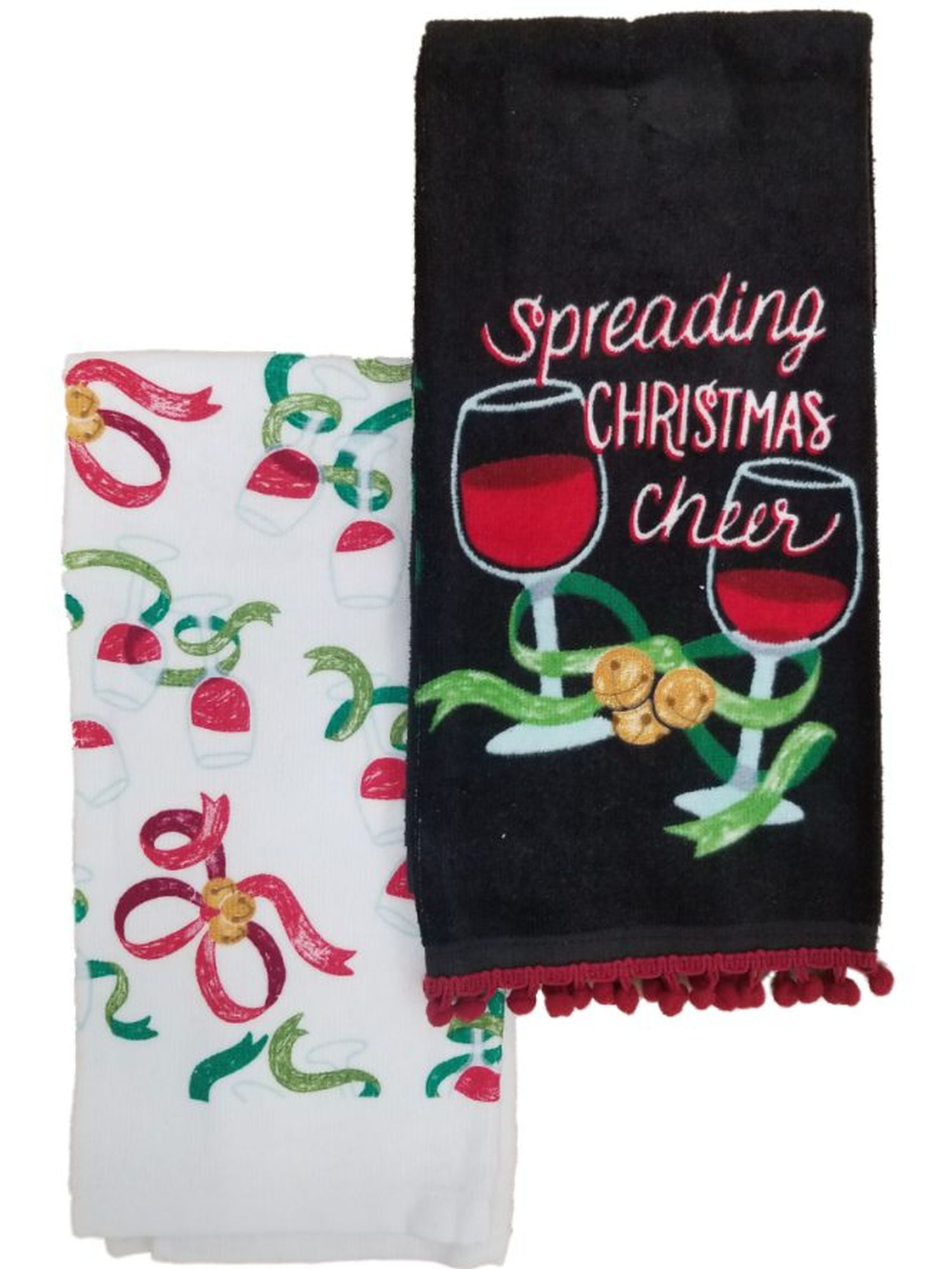 DII Design Import Set 2 Holiday Christmas Dish Towels Merry Kisses Eat Drink Be 