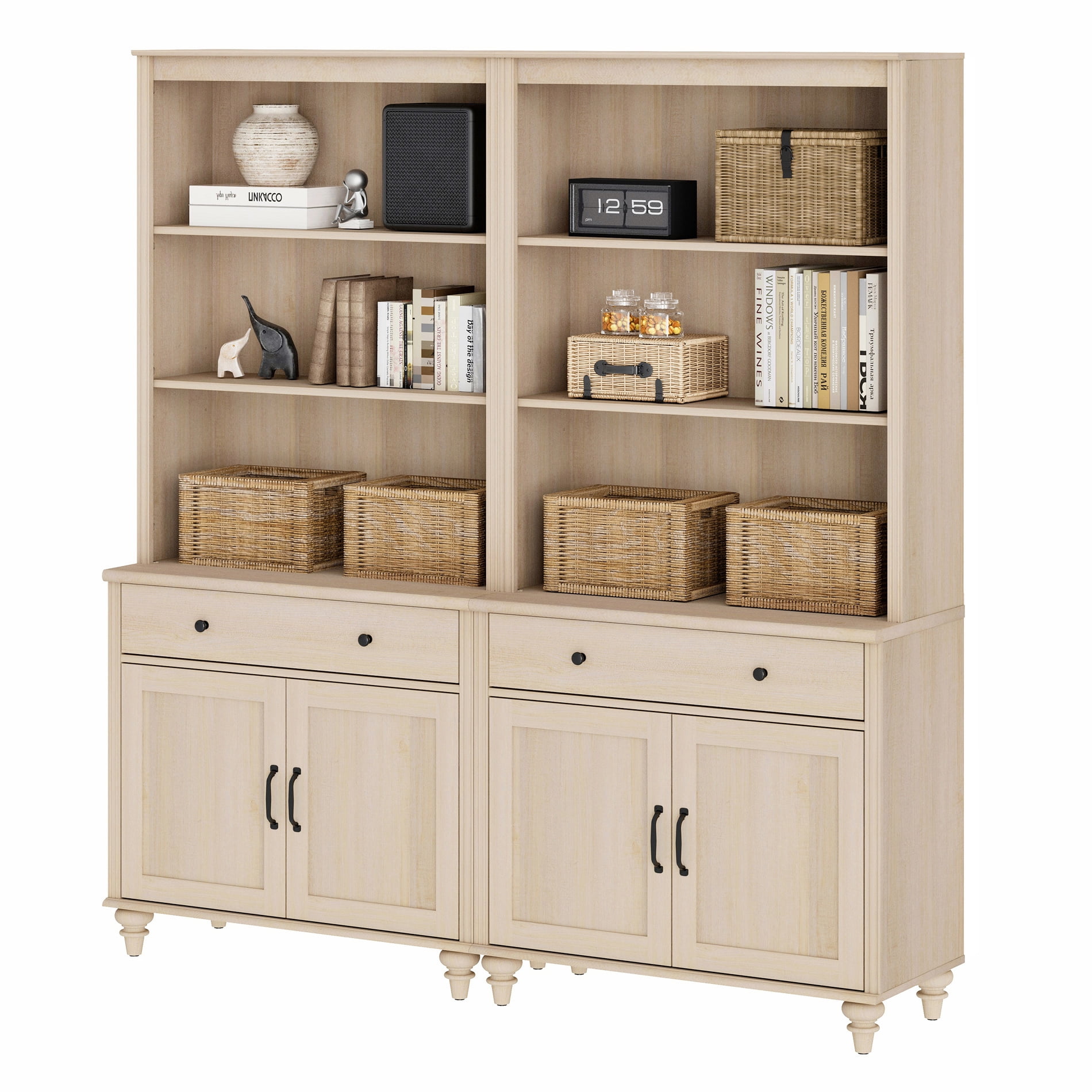 Farmhouse 5 Tier Bookcase With 2 Drawers and 4 Doors, Beige, 67.7" W