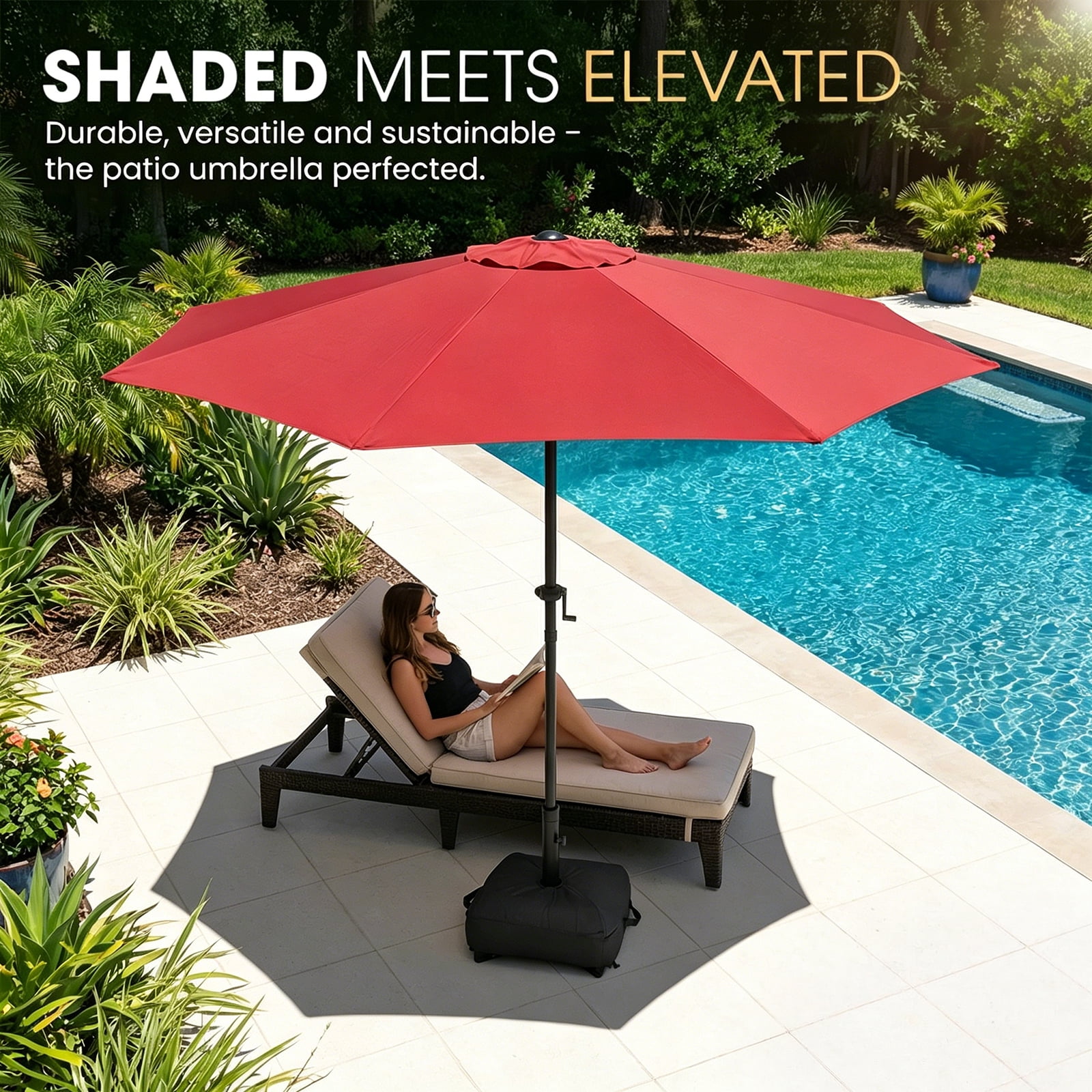 10FT Patio Umbrella (Base Included), 8 Heavy-Duty Ribs, Fade & Waterproof Polyester DTY Canopy for Outdoor Areas: Garden, Deck, Pool & Backyard, Red