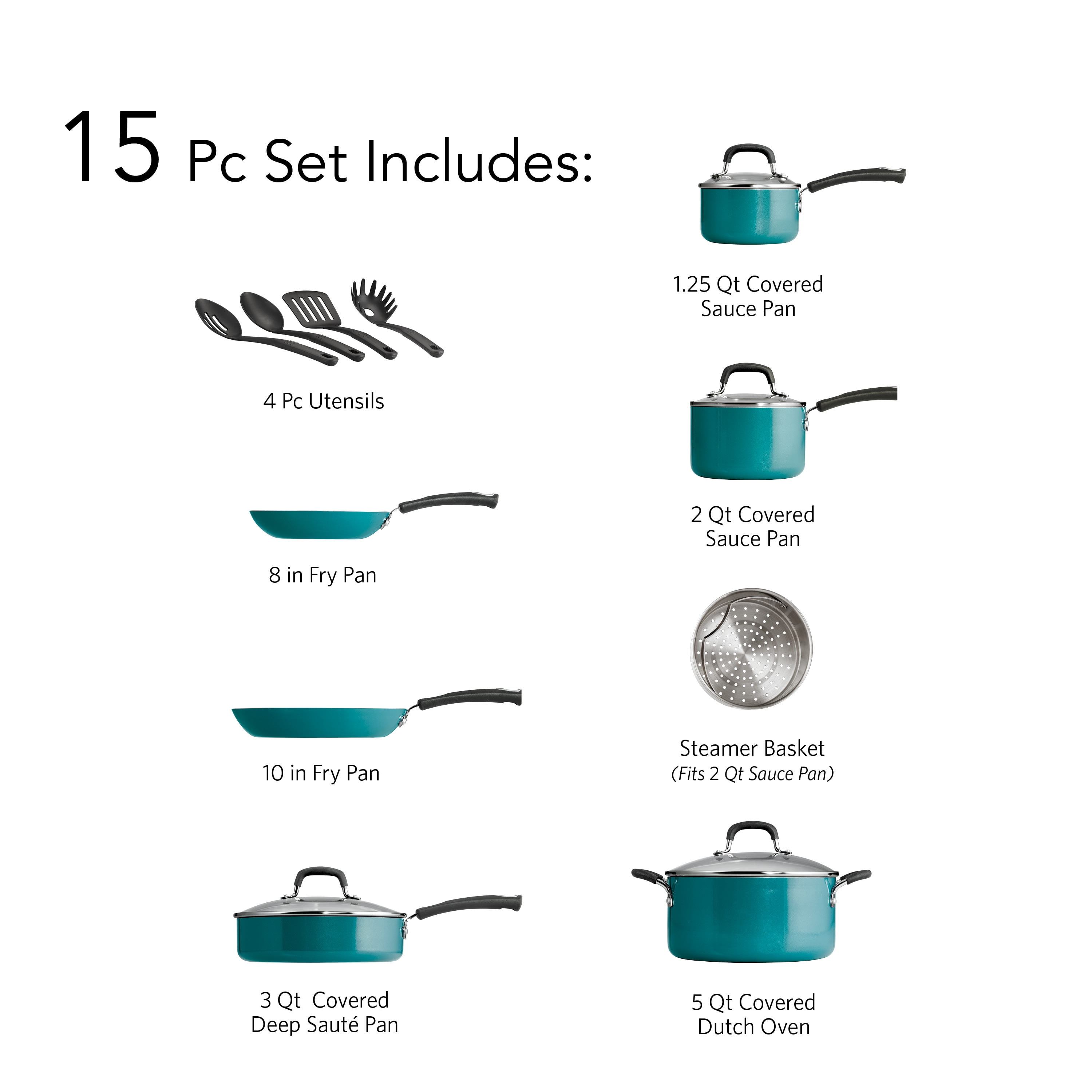 Tramontina Select Non-Stick Teal Cookware Set, 15 Piece