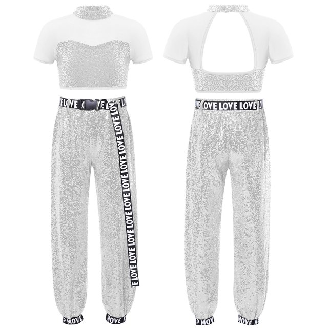 Zaldita Girls Jazz Street Dance Performance Costumes 6-14 Years Hip Hop Clothes Active Workout Set Silver 10