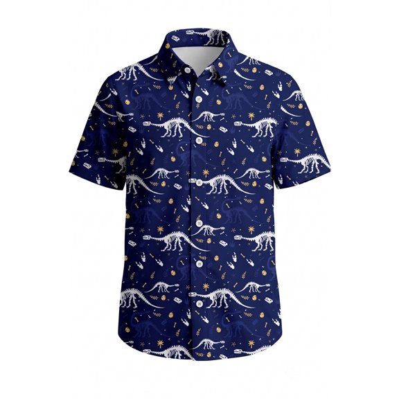 Boys Dinosaur Print Short Sleeve Button Down Shirt, Kids Casual Vacation Hawaiian Shirt for Outdoor Daily Sports Summer Wear(Dark Blue,6-7 Years)