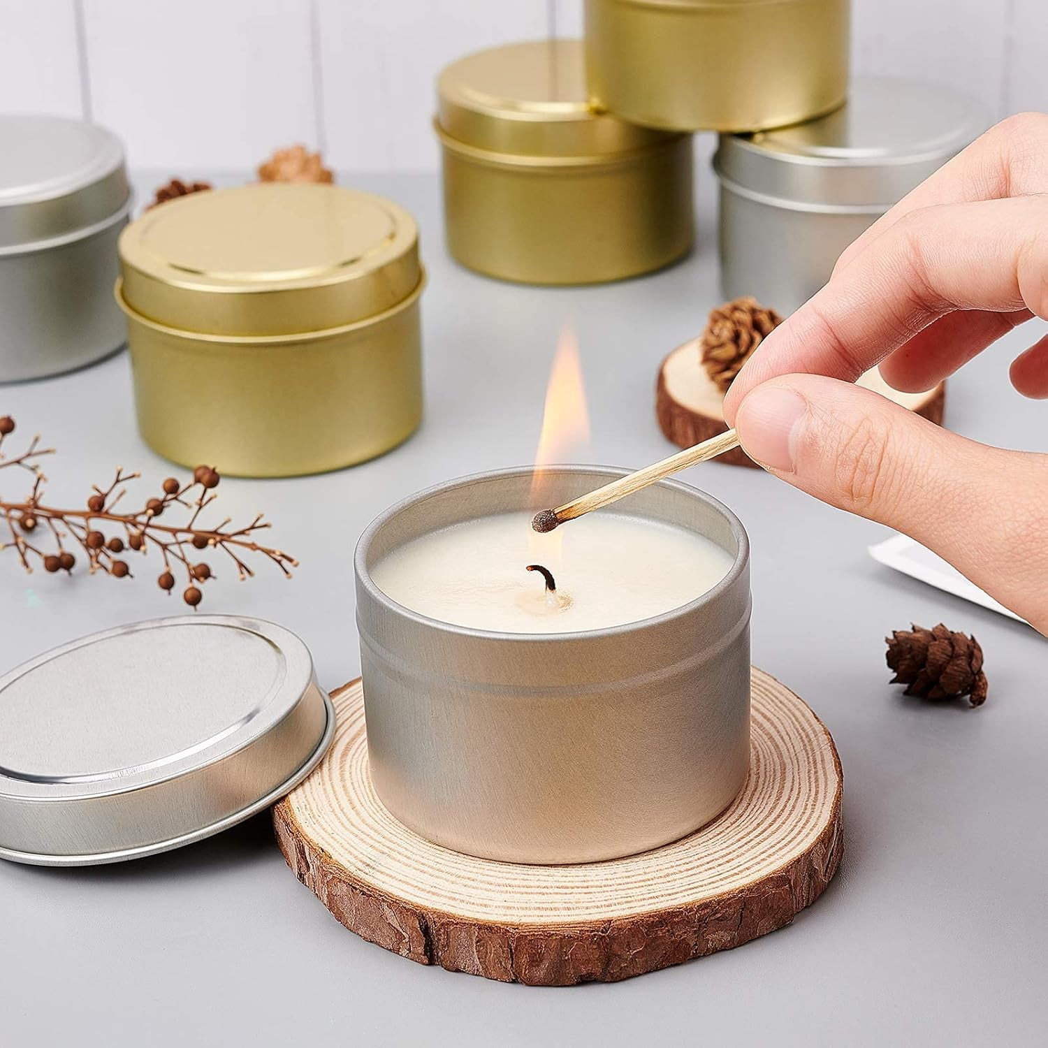 DIY Candle Tin 12 Pieces Round Iron Candle Tins with Candle Wick and Double-Faced Self-Adhesive Paper Stickers for Making Candles DIY Party Favors and More Making DIY
