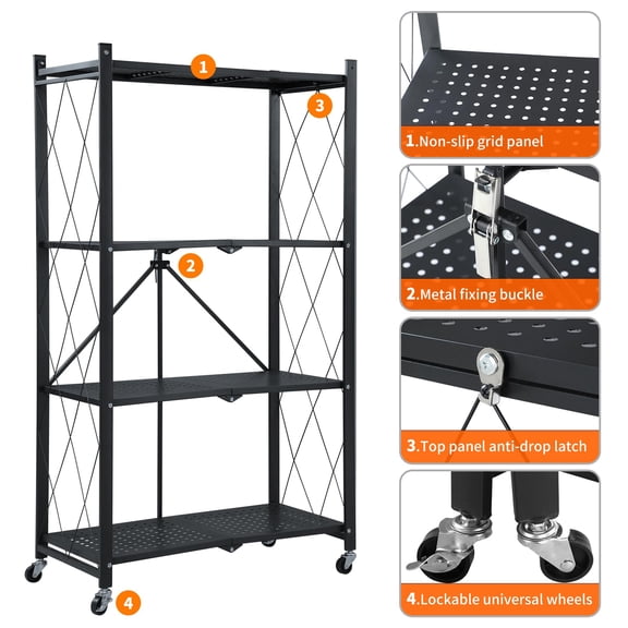 JOYBOS 4-Shelf Foldable Storage Shelves with Wheels, Heavy Duty Metal Shelving, No Assembly Organizer Wire Shelf Rack for Garage Kitchen, Basement, Pantry, Holds up to 1000 pounds