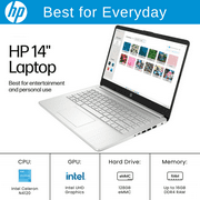 HP 14 Laptop, 14 HD Display, Intel Quad-Core Processor, 8GB RAM, 128GB Storage, SD Card Reader, Microsoft 365, Webcam, Wi-Fi, W11H, Silver
