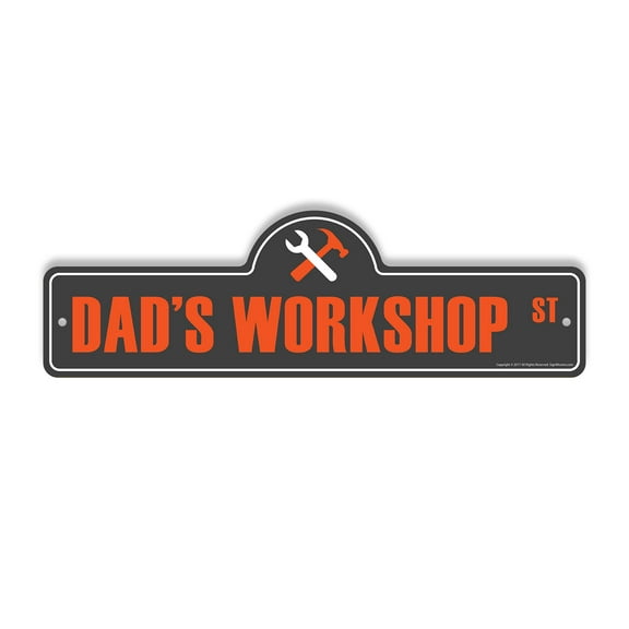 Dad's Workshop Plastic Street Sign - 6 Inch X 18 Inch Gift Garage Tools DIY Projects Woodworking Hobby Man Cave Decor Craft Build