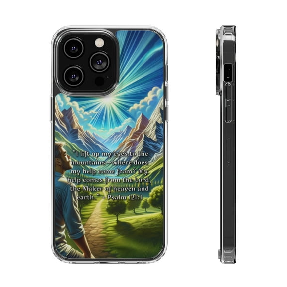 DistinctInk Hybrid (Acrylic / TPU) Clear Slim Fit Case for Apple iPhone 13 Pro MAX (6.7" Screen) - Psalm 121:1 - Seeking Divine Help from the Mountains