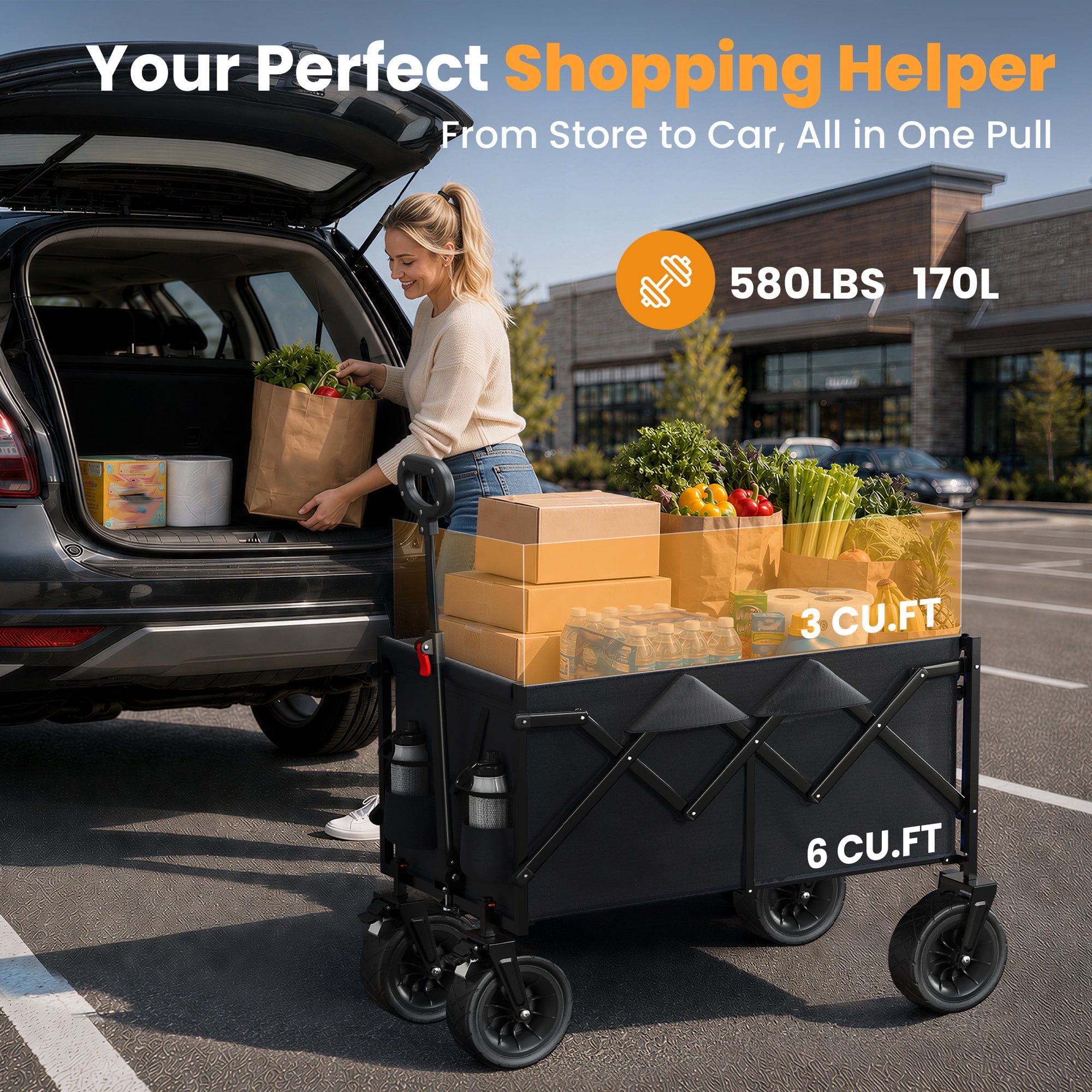 Goosiay Collapsible Wagon Cart, 580lbs Heavy Duty Utility Cart, 170L Large Capacity Folding Garden Wagon with All-Terrain Brake Wheels for Grocery, Shopping, Garden, Sports, Camping, Black