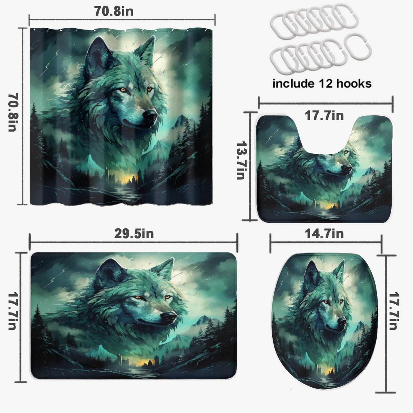 Fantasy Wolf Shower Curtain Sets with Rugs 4 Piece Forest Animal Galaxy Starry Sky with Toilet Lid Cover and Bath Mat, Waterproof Shower Curtain with 12 Hooks, 72x72 Inch