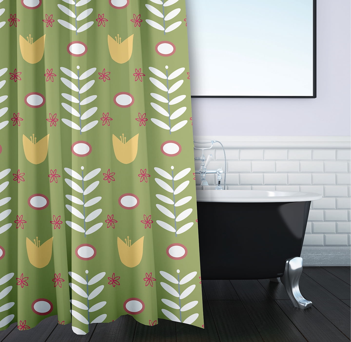 Simply Daisy 70" W x 73" L Spring Garden Polyester Shower Curtain, Apple Green [1 Ct]