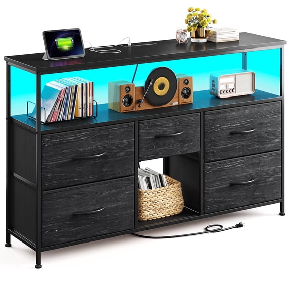5 Drawer Dresser for Bedroom with Charging Station and LED Lights, Wide Black Storage Dresser with Open Shelves, Fabric Drawers, Wood Top and Metal Frame for Bedroom, Living Room, Entryway