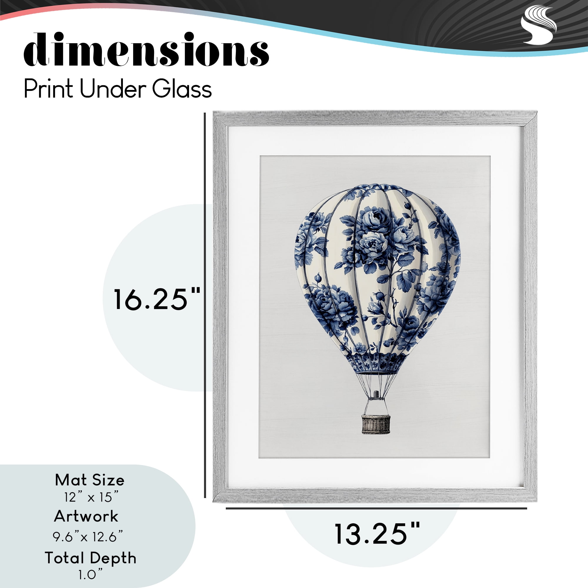 Vintage Toile Hot Air Balloon Gray Framed Print Under Glass, design by Lettered and Lined