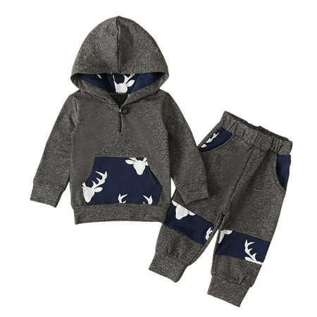 

Baby Boy Clothes Toddler Boys Winter Long Sleeve Blue Deer Prints Tops Pants 2PCS Outfits Clothes Set For s Clothes Xmas Christmas 0-6 Months