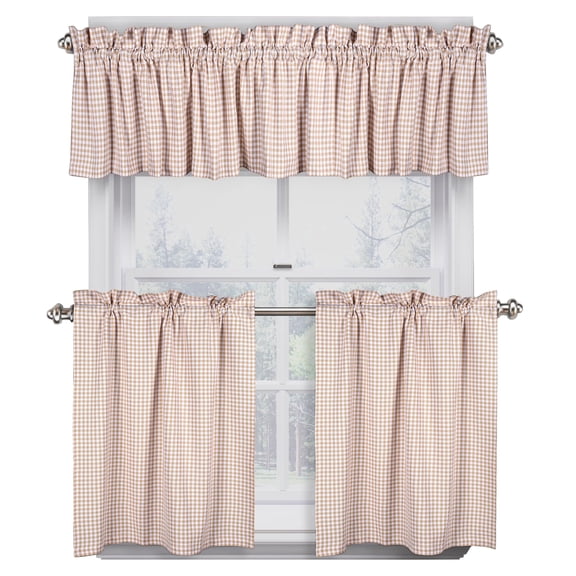 Native Fab 3 Pieces Window Curtain Tiers and Valance Set - Farmhouse Vintage Kitchen Tiers and Valance Set Rod Pocket - Beige White