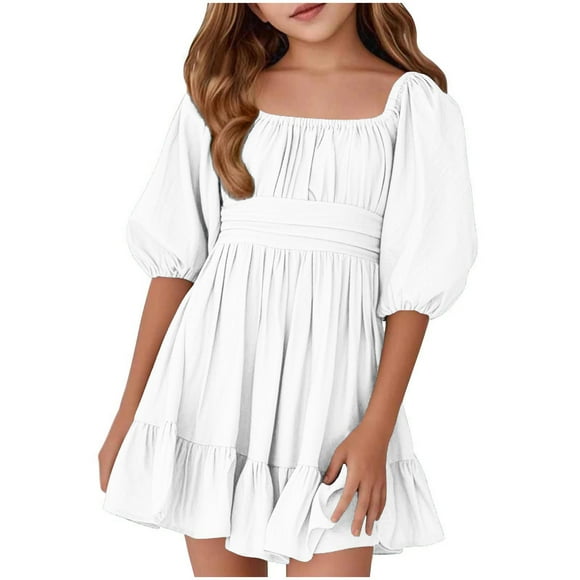 LLYwey Girls Ruffle Summer Dresses, Toddler Girls Casual Flowy Beach Sundress, Kids Solid Color Puff Sleeve Pleated A-Line Knee Length Dresses, White, 12T