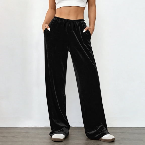 Gamivast Velvet Wide Leg Pants for Women Soft Drawstring Elastic Waist Flowy Relaxed Trousers with Pockets Casual Work Trouser Spring Holiday Outfits