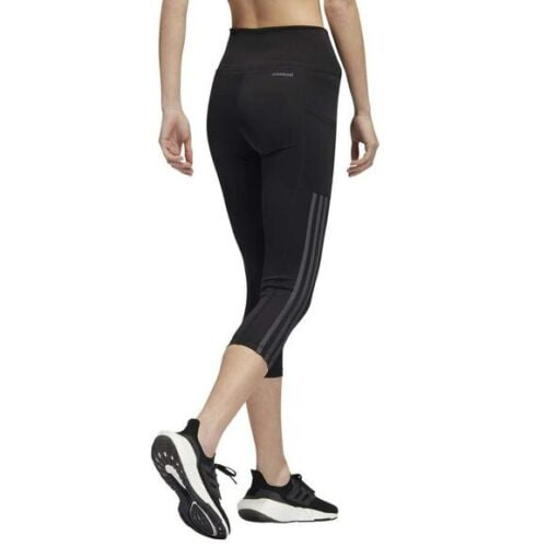 Adidas Women's High Rise 2 Side Pockets Moisture-wicking Compression fit  Active Pants 3-Stripe Capri Leggings