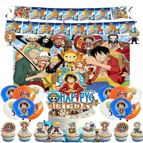 Cartoon party supplies, One Piece birthday party decorations including happy birthday banners, balloons, cake toppings