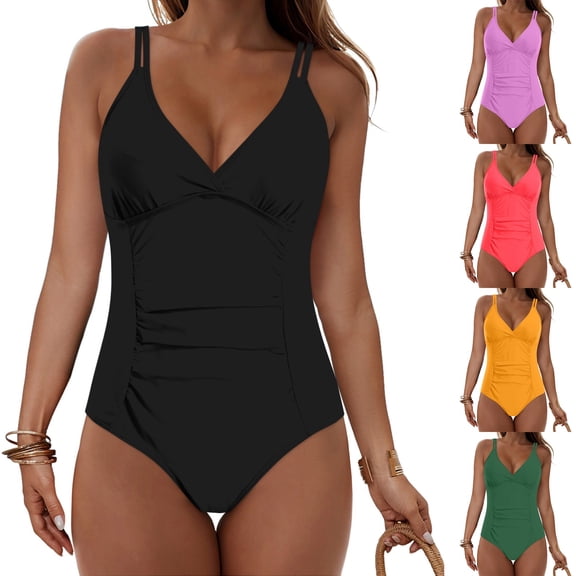 Women One Piece Swimsuit Tummy Control V Neck Crisscross Back Bathing Suit (Black, M)